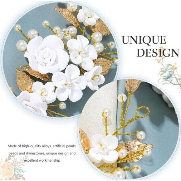Bridal Leaf Flower Hair Vine for Bride Women Girls Headband Pearls Rhinestone - Picture 6 of 7